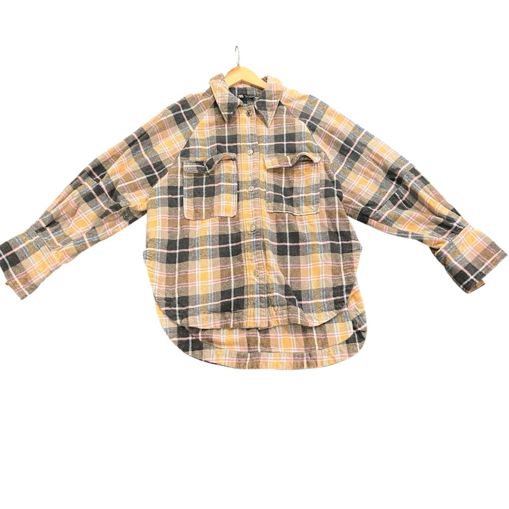 Zara  Flannel Plaid Brown/Pink/Tan Shacket 100% Cotton